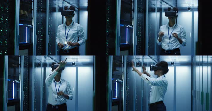 VR体验 工程师戴VR眼镜 网络机房 