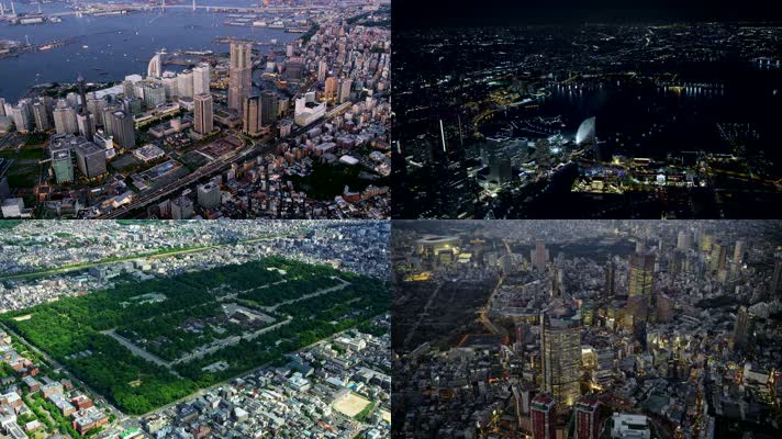 4k航拍日本城市建筑与交通白天与夜景