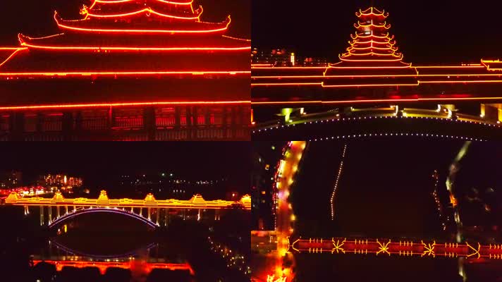 航拍广西三江风雨桥夜景