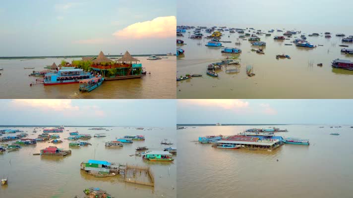 4k航拍湄公河沿岸柬埔寨越南浮村