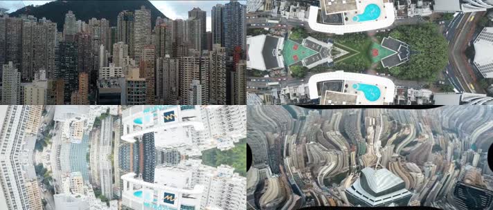 航拍香港城市建筑镜像万花筒