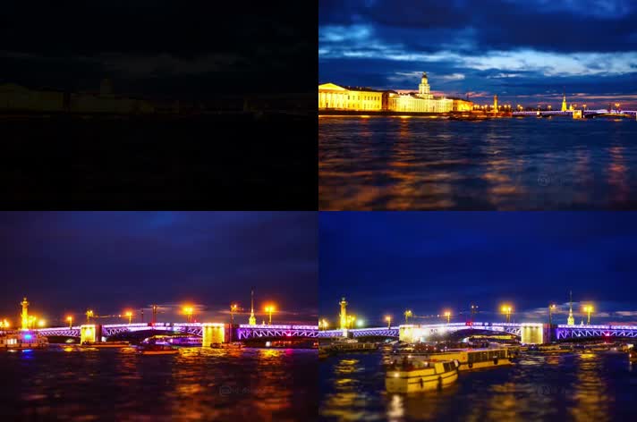 4k俄罗斯圣彼得堡大桥壮观夜景延时