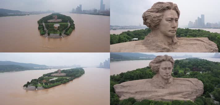 航拍湖南长沙洪水包围的橘子洲头毛泽东雕像
