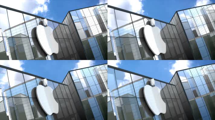 4K超清玻璃幕墙蓝天白云企业标志苹果LOGO