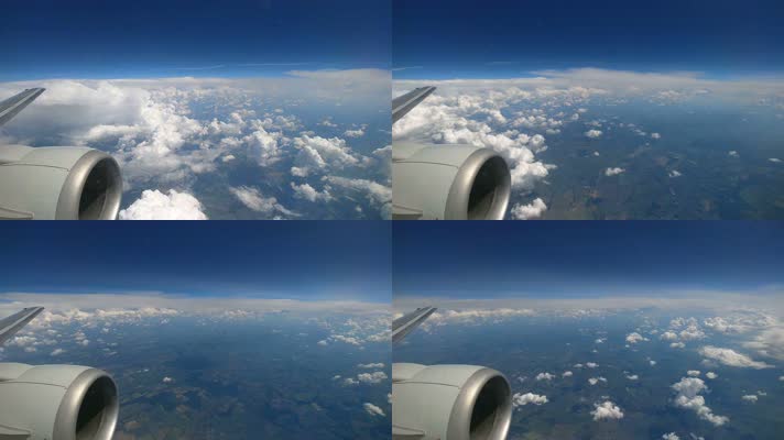 4K超清飞机机舱窗外空中飞翔云朵飘动