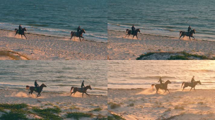 夕阳海边骑马骑士美景浪花
