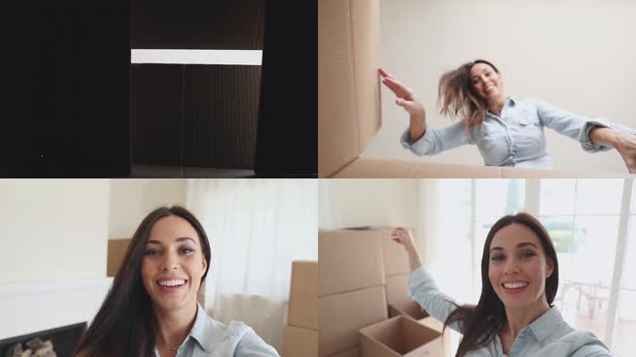 女子打开箱子 收快递 收礼物 