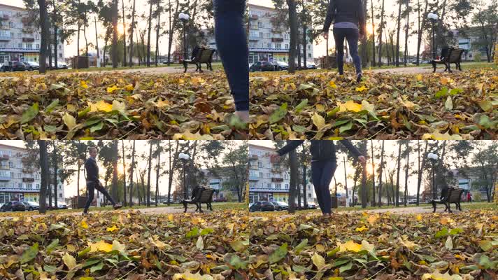 女子踏树叶 玩耍 秋色  