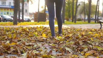女子踏树叶 玩耍 秋色 金秋秋季  