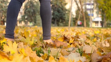 女子踏树叶 玩耍 秋色 