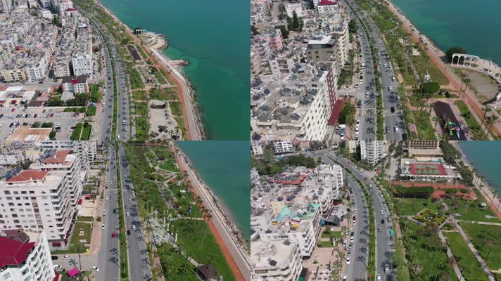 航拍土耳其沿岸港口城市建筑风景
