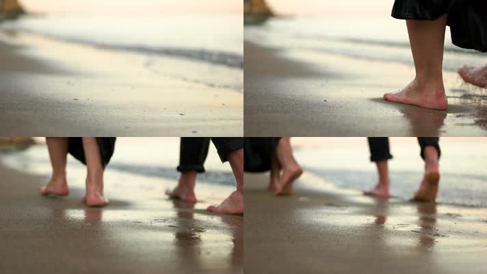 夫妻情侣爱人海边散步脚步漫步