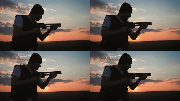 男子 玩具枪 背影 夕阳 