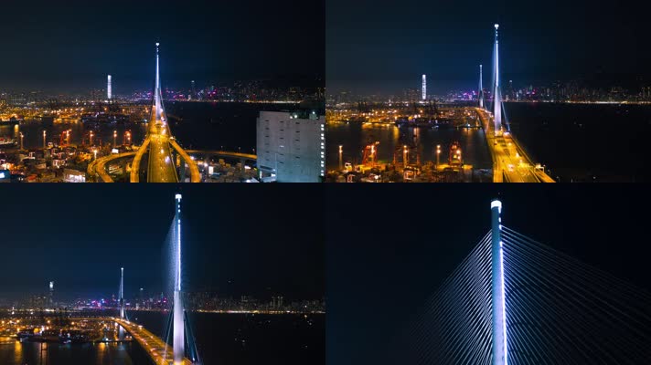 4k航拍香港昂船洲大桥港口海湾车流夜景灯光