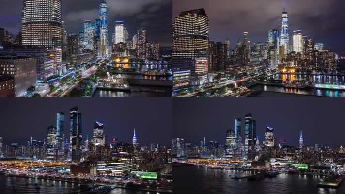 4k航拍美国纽约海滨城市建筑楼宇CBD夜景交