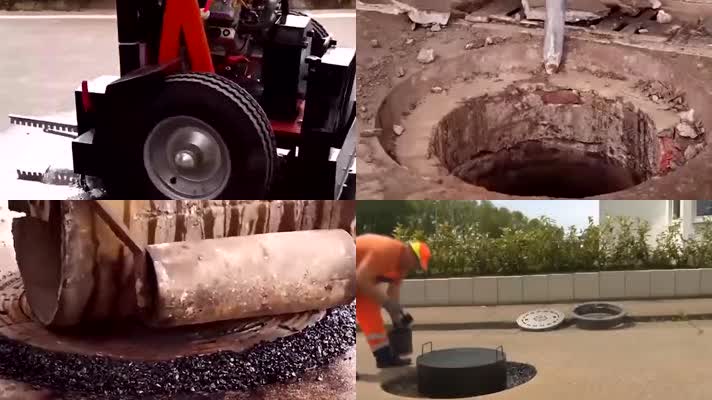 换井盖拿铁锹排污井井盖修建市政维护工人工
