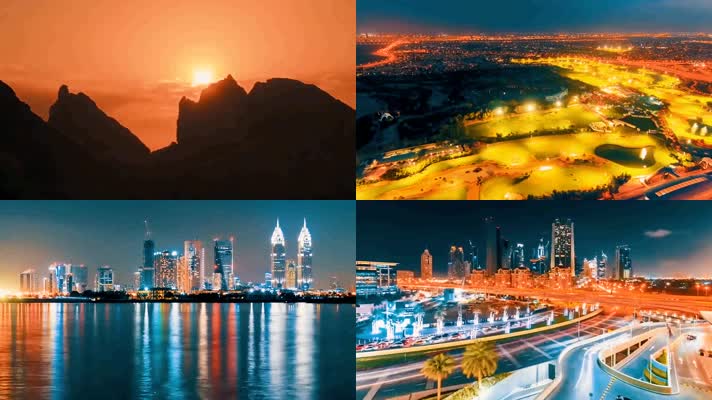 4k航拍迪拜城市建筑交通夜景延时