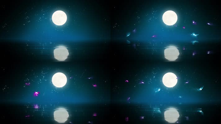 月亮月色蝴蝶湖面背景循环