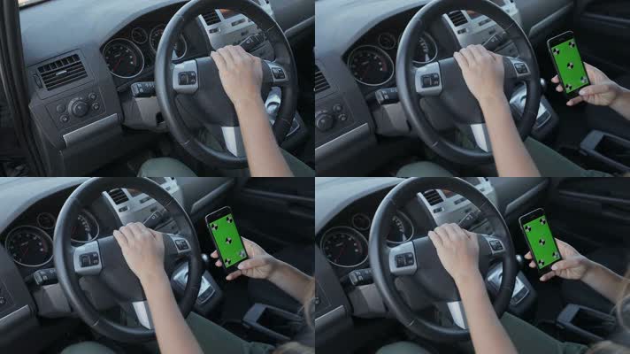 美女在汽车里使用智能手机 绿屏幕抠像手机