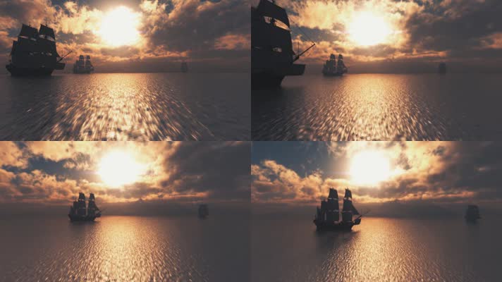 大海帆船黄昏夕阳大海穿梭镜头
