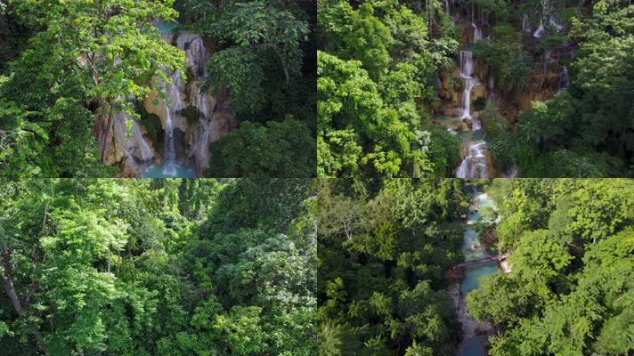 老挝风景区壮观瀑布4K航拍