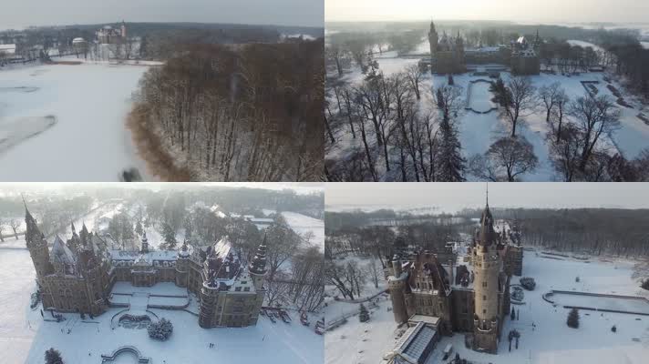 波兰莫斯纳城堡冬季雪景4K航拍