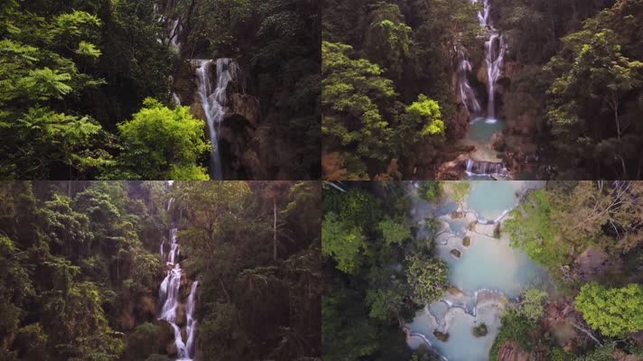 老挝匡思瀑布热带雨林自然风景区4K航拍