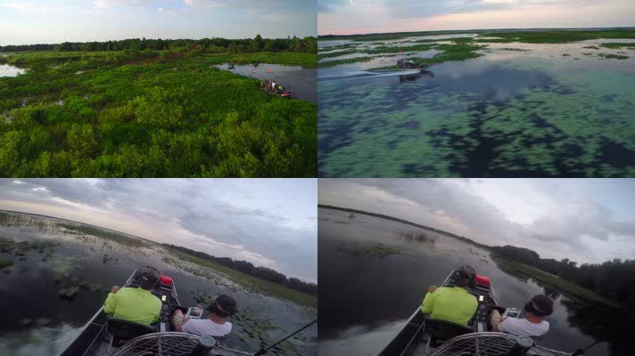 4K湖泊气垫船湿地公园旅游观光