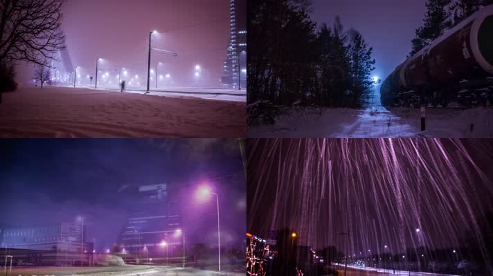 4K雪夜中的城市霓虹灯