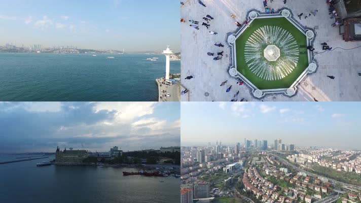 4k航拍土耳其伊斯坦布尔建筑交通楼宇海滨自