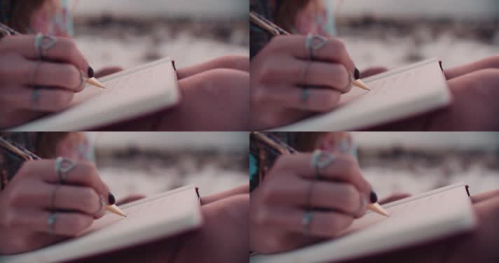 女孩铅笔在笔记本上写字