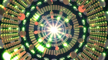 发光闪耀金色硬币旋转隧道