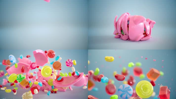 粉色小猪储钱罐摔碎喷出糖果