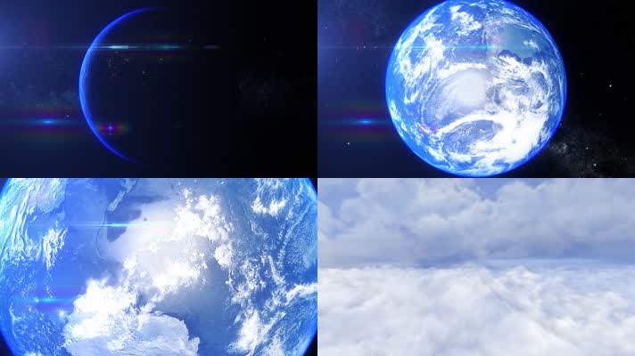  蓝色地球 旋转 放大 穿梭 白云 