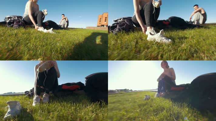 坐在草地上 穿鞋 运动 