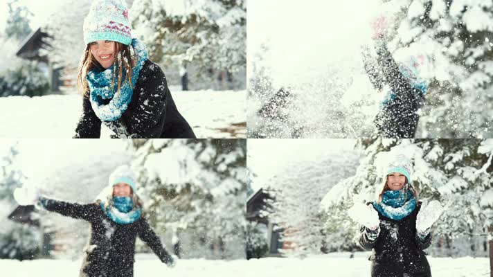 美女雪地玩雪 往上撒雪 文艺范