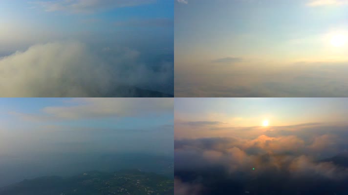 航拍4K多雾山间天空云海夕阳黄昏飞行素材