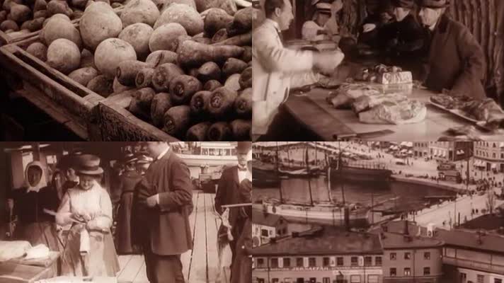 30年代欧洲英国繁华农贸市场街景