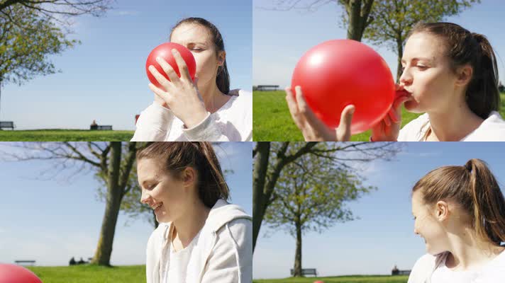 美女户外吹气球  4K视频
