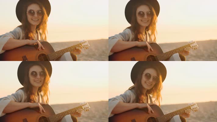 海边弹吉他 休闲 唯美夕阳逆光 4K视频