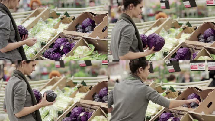 年轻女子超市购物 挑选蔬菜