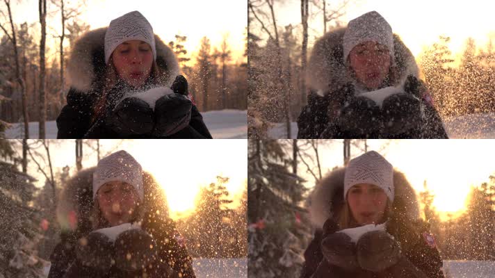 雪地美女吹雪 玩耍 升格视频