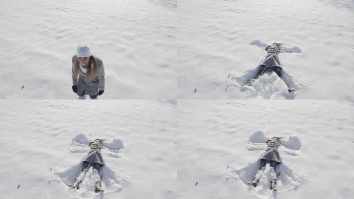 女子躺在雪地 美女 用手划雪 4K升格视频