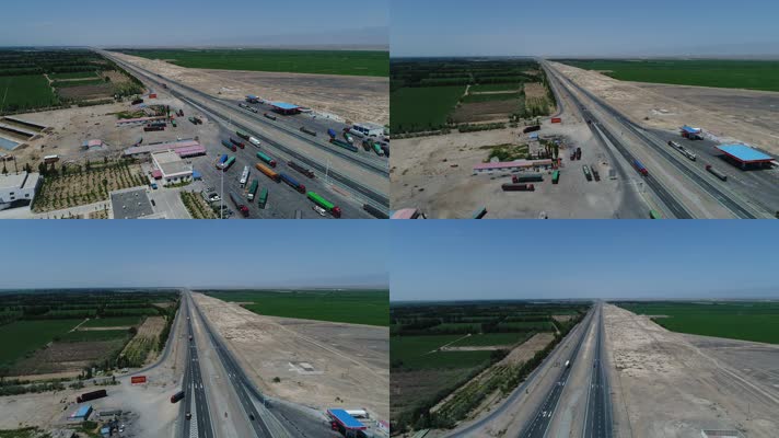 航拍高速公路服务区新疆货车运输
