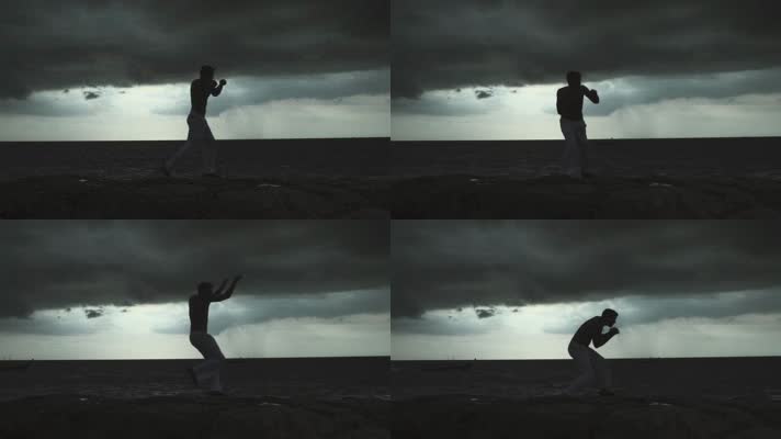 男子海边拳击训练