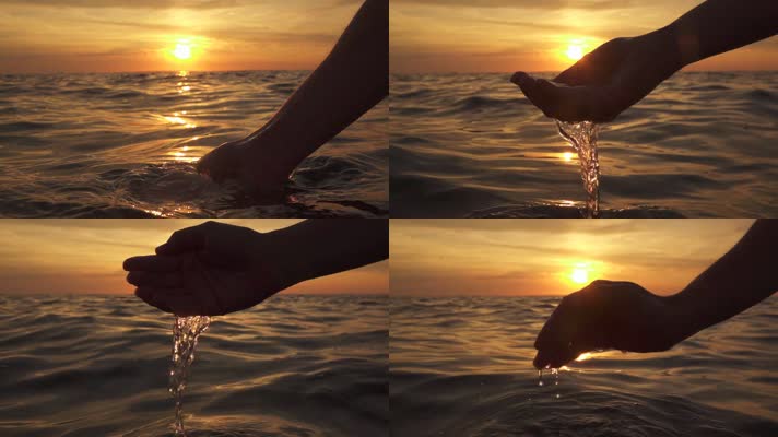 手捧海水 手捧湖水 唯美夕阳