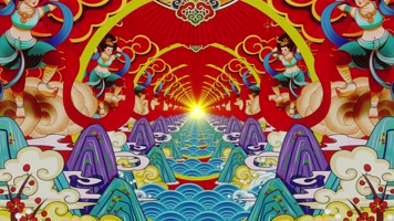 4k国潮中国风敦煌飞天舞通道穿梭大屏