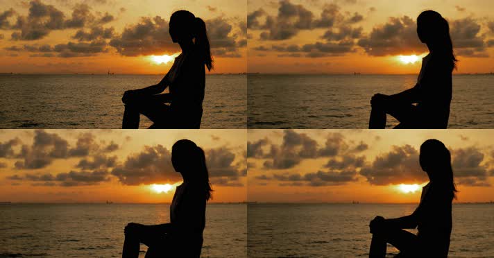 坐在海边的少女 绝美人物剪影  4K视频