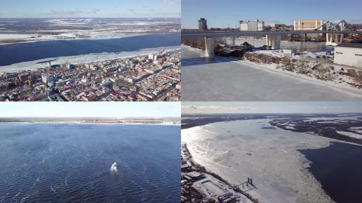 4K航拍城市河流冰封自然风景