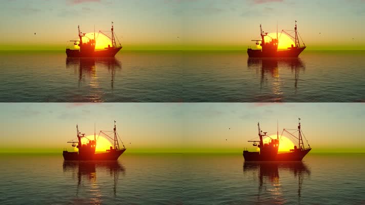 渔船停靠海面上 日落海面